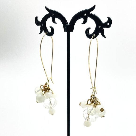 Gold Tone Drop Earrings White Bead Cluster Clear Crystal Dangle Modern - Picture 1 of 10